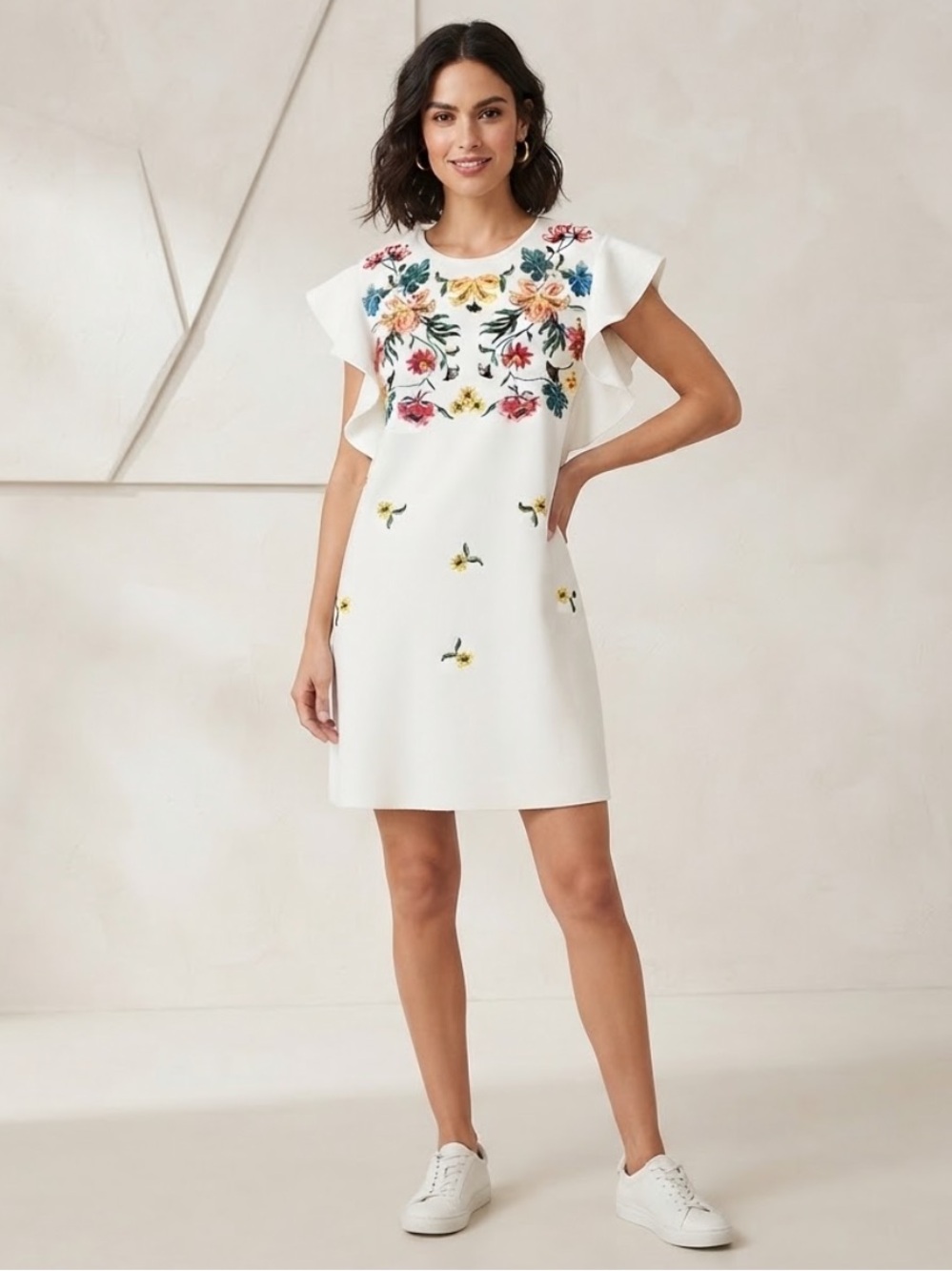 Zara White Mini Dress with Multicolor Floral Embroidery